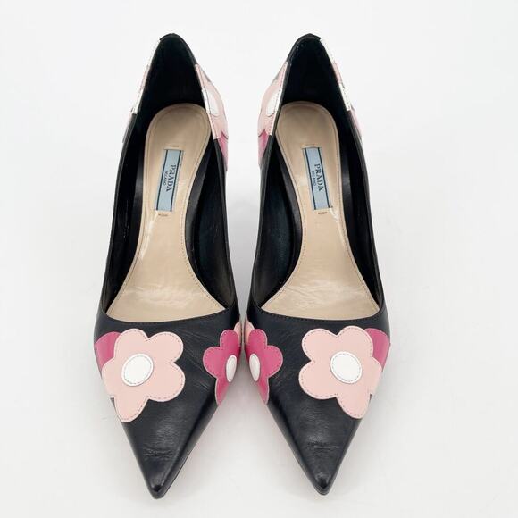 Prada Black Orchidea Nappa Leather Flower Fiori 85mm Pointed Toe Pump IT 38.5 - Picture 6 of 14